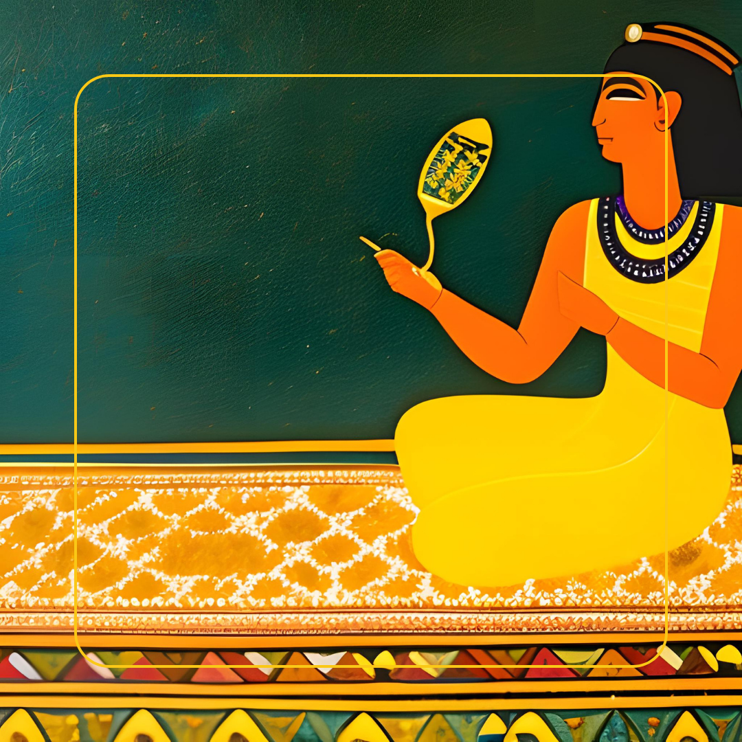An image depicting an ancient Egyptian woman applying natural ingredients like honey and olive oil on her skin, showcasing the early origins of ethical beauty practices.