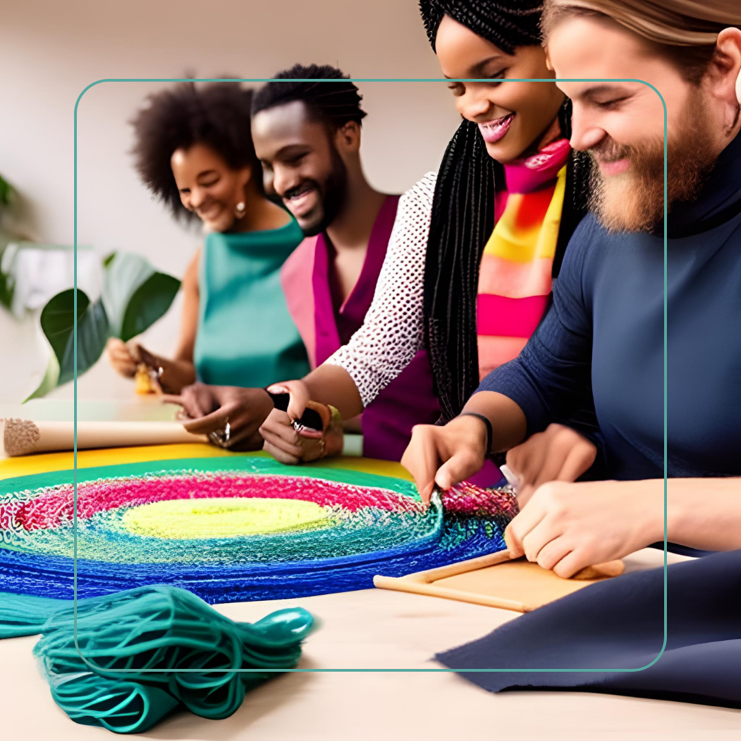 An image showcasing a group of diverse artisans collaborating on crafting sustainable fashion items, symbolizing the inclusive and ethical nature of the movement.